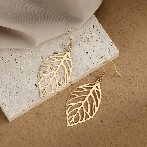 Gold Boho Hollow Large Leaf cut Earrings - Picture 3 of 5